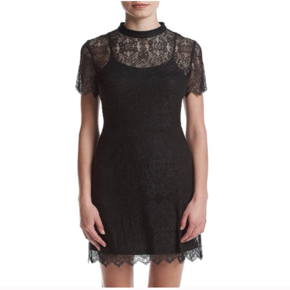 Lace black Kensie mini dress w/ scalloped sleeves